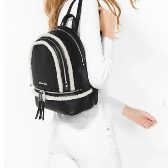 New! Michael Kors Rhea medium suede Black and Cream Women's Backpack - Picture 4 of 8